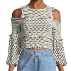 Cinq a Cept Pascal Mini-Medallion cold shoulder smocked Blouse size large silk